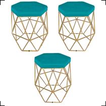 Kit 3 Puff Decorativos Para Sala Hexagonal Aramado Base Bronze/Dourada/Preta Suede Cores - Clique E Decore