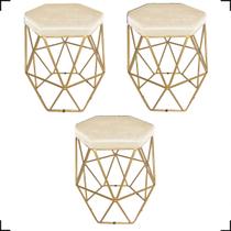 Kit 3 Puff Decorativos Para Sala Hexagonal Aramado Base Bronze/Dourada/Preta Suede Cores - Clique E Decore