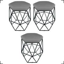 Kit 3 Puff Decorativos Para Sala Hexagonal Aramado Base Bronze/Dourada/Preta Suede Cores - Clique E Decore