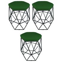 Kit 3 puff decorativos para sala hexagonal aramado base preta suede verde - clique e decore