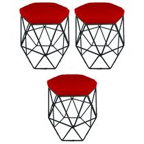 Kit 3 puff decorativos para sala hexagonal aramado base preta suede vermelho - clique e decore