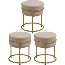 Kit 3 Puff Redondo Argola Levi Veludo Bege Base em Aço Dourado