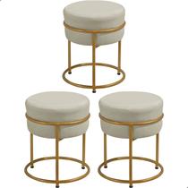 Kit 3 Puff Redondo Argola Levi Veludo Gelo Base em Aço Dourado