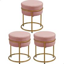 Kit 3 Puff Redondo Argola Levi Veludo Rosa Base em Aço Dourado
