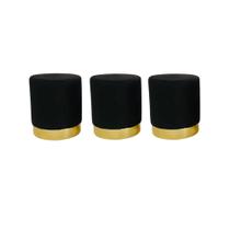 Kit 3 Puff redondo moderno com detalhe no rodapé para quarto ou sala de estar - Preto Suede