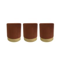 Kit 3 Puff redondo moderno com detalhe no rodapé para sala de estar ou quarto - Terracota Suede