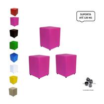 Kit 3 Puffs Cubo Banqueta Quadrado Decorativo Material Sintético