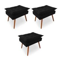 Kit 3 Puffs Decorativos Quadrados Opala Pés Palito Tecido Suede Preto Kimi Decor