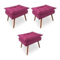 Kit 3 Puffs Decorativos Quadrados Opala Pés Palito Tecido Suede Rosa Kimi Decor