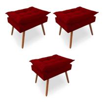 Kit 3 Puffs Decorativos Quadrados Opala Pés Palito Tecido Suede Vermelho Kimi Decor