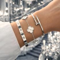 Kit 3 Pulseira Bracelete Aço Inox Trevo Prego Banho Ouro 18k Prata 6 Cm 18 Cm