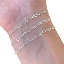 Kit 3 Pulseira Feminina de Prata 925 Legítima Elos Corações