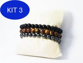 Kit 3 Pulseira Masculina Bolinha Pedra 8Mm 3 Peças Olho De Tigre