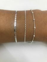 Kit 3 Pulseira Prata Legítima Bola Elo Português Laminada