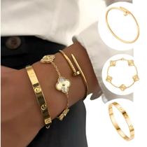 Kit 3 Pulseiras Bracelete Aço Inox Trevo Love Prego Banho de Ouro 18k Perochecha