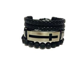 Kit 3 Pulseiras Couro Cruz Verniz Pedra Vulcânica Social