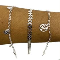 Kit 3 Pulseiras Feminina Folheadas Prata 925 Atacado Joias