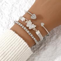 Kit 3 Pulseiras Femininas Prateadas Borboleta Banho Ródio