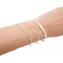 Kit 3 Pulseiras Fio Bolinha Coração Extensor 21cm Prata 925 Kit 3 Pulseiras Fio Bolinha Coração Extensor 21cm Prata 925