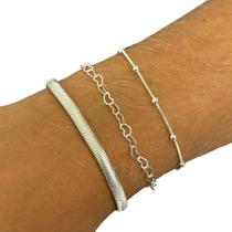 Kit 3 Pulseiras Maleável Coração Bolinha Veneziana a Prata 925