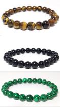 Kit 3 pulseiras pedra olho de tigre ônix Malaquita 8mm
