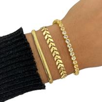 Kit 3 Pulseiras Riviera Maleável Escama Banhado a Ouro 18k