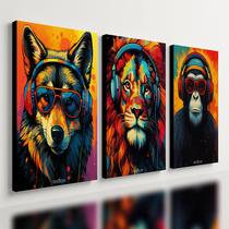 Kit 3 Quadro Decorativo Animais Colorido Abstrato Luxo Fone 28x20cm