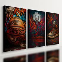 Kit 3 Quadro Decorativo Basquete Bola Cesta Tênis Quarto Sala 28x20cm