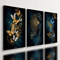 Kit 3 Quadro Decorativo Borboletas Azul Dourado Moderno Luxo Qualidade Premium 40x28cm