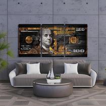 Kit 3 Quadro Decorativo Dinheiro Dólar Dourado Real Riqueza