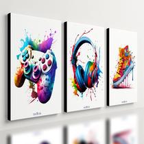 Kit 3 Quadro Decorativo Gamer Headset Controle Tênis Quarto 28x20cm