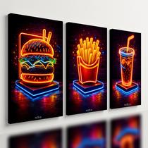 Kit 3 Quadro Decorativo Hambúrguer Restaurante Neon Moderno Qualidade Premium 40x28cm