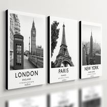 Kit 3 Quadro Decorativo Londres Paris New York Quarto Sala 28x20cm