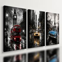 Kit 3 Quadro Decorativo Paris Londres Nova York Cidade Chuva