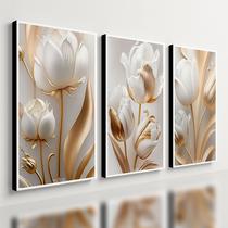 Kit 3 Quadro Decorativo Sala Flores Tulipas Brancas Gold 4k 40x28cm