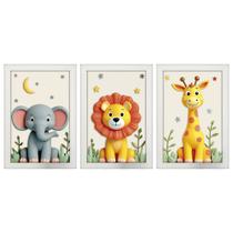 Kit 3 Quadros 20x30 Infantil Safari Savana 3D Moldura Branca Kit 3 Quadros 20x30 Infantil Safari Savana 3D Moldura Branca