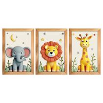 Kit 3 Quadros 20x30 Infantil Safari Savana 3D Moldura Mel