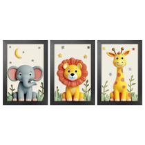 Kit 3 Quadros 20x30 Infantil Safari Savana 3D Moldura Preta