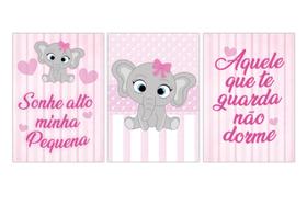 Kit 3 Quadros 21x30 Elefante Bebe Menina Quarto Infantil Kids Decoração