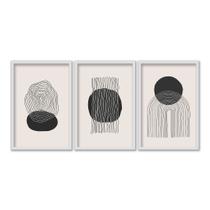 Kit 3 Quadros 42x60 Abstrato Círculos Riscos Sala Quarto Preto e Branco A2