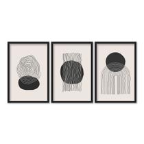 Kit 3 Quadros 42x60 Abstrato Círculos Riscos Sala Quarto Preto e Branco A2