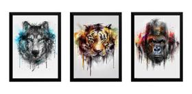 Kit 3 Quadros A4 Decorativos Lobo Tigre Gorila Arte Selvagem