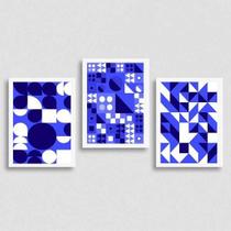 Kit 3 Quadros Abstrato Azuis Figuras Geométricas 45X34 Preta