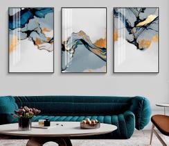 Kit 3 Quadros Abstrato Azul Água - Moldura Caixa + Foam + Vidro em Vários Tamanhos - Artfine