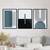 Kit 3 Quadros Abstrato Azul Petróleo Linhas Arcos 45X34Cm