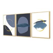 Kit 3 Quadros Abstrato Boho Azul Moderno Formas Dourado