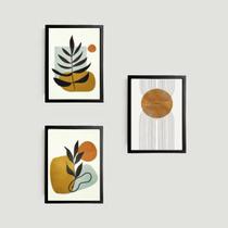 Kit 3 Quadros Abstrato Folha Marrom 24x18cm