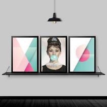 Kit 3 Quadros Abstratos Audrey Chiclete 33X24 Moldura Preta