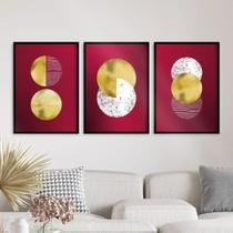 Kit 3 Quadros Abstratos Círculos Vinho e Dourado 33x24cm