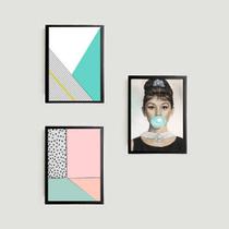 Kit 3 Quadros Abstratos e Audrey Bubble Gum 33x24cm - com vidro
